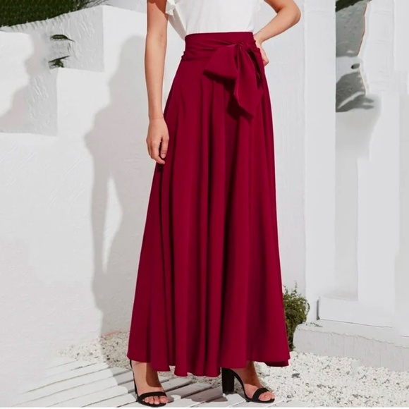 Stunning Maxi Skirt Burgundy Dark red Flowy Lightweight Pleated Belted Bow XXL - Picture 5 of 14